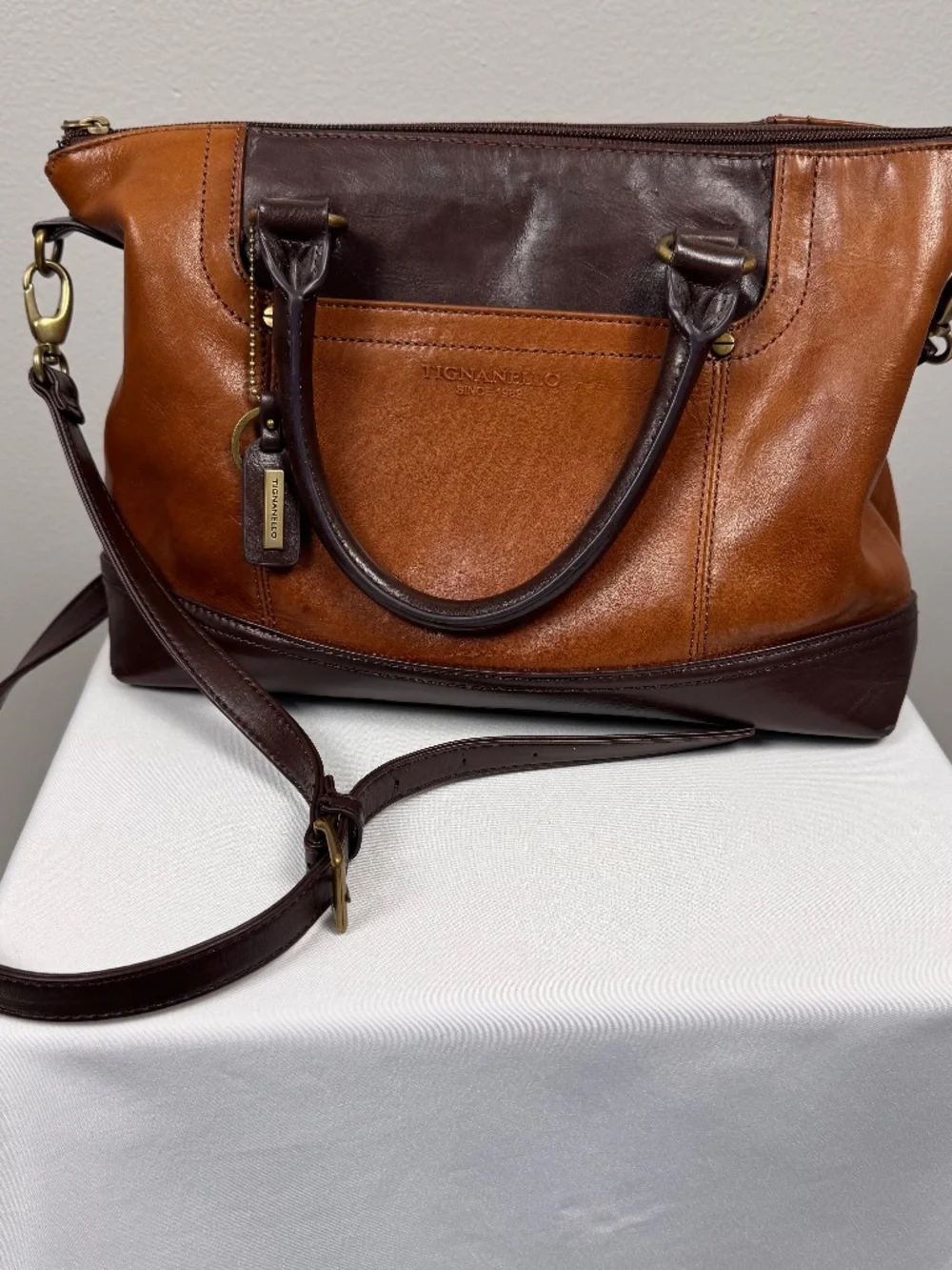 Tignanello Genuine Leather Two-Tone Satchel Crossbody Bag Brown Tan